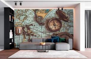 Wybierz Fototapeta Stylizowana mapa z kluczami i kompasami Mapa tapety świata na ścianę